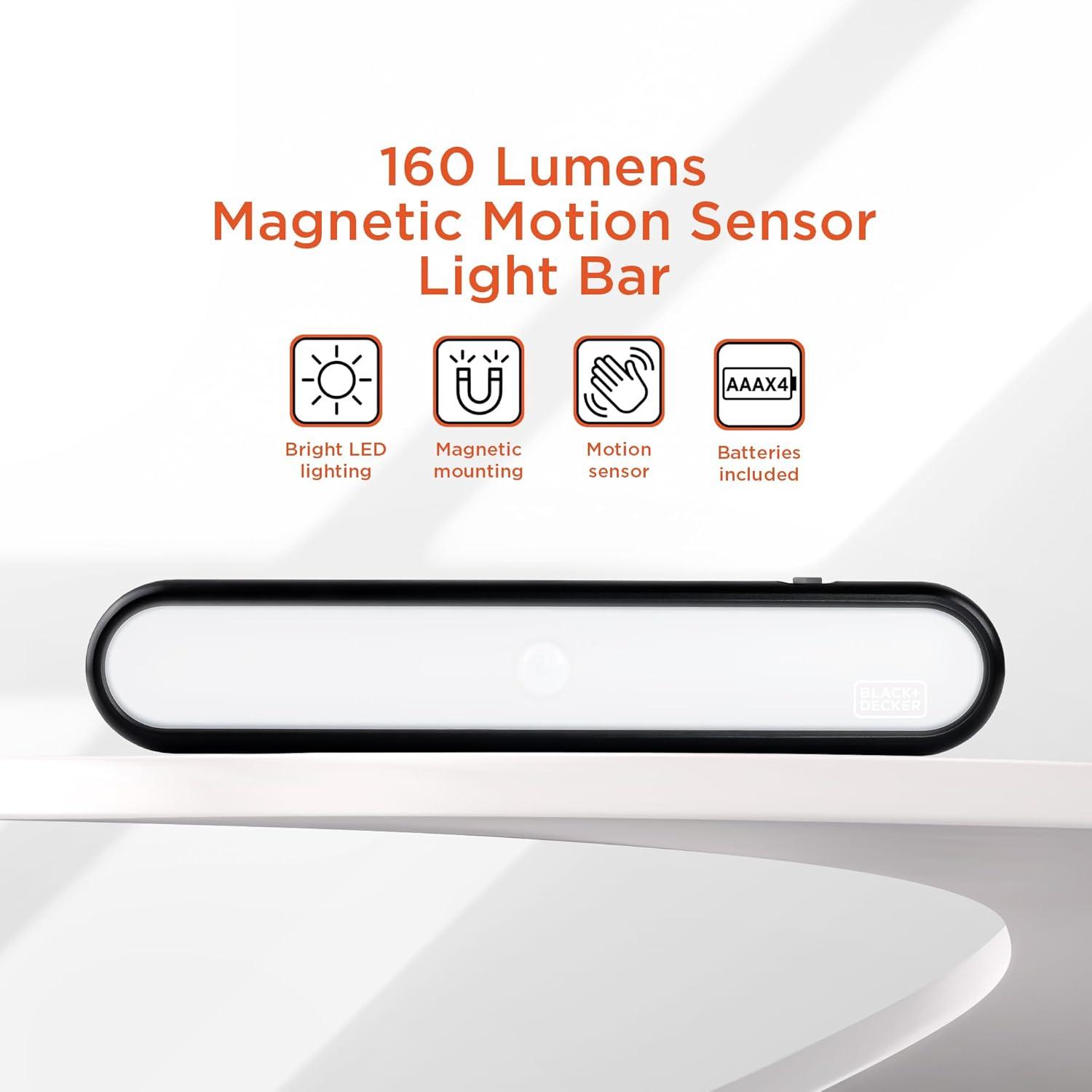 imageBLACKDECKER 2Pack 160LM LED Light Bars Touchless Motion Sensor Magnetic Mount Powered with AAA Batteries Slim and Portable Design to Brighten Indoor Rooms Closets Garages Shelving 2Pack1Pack