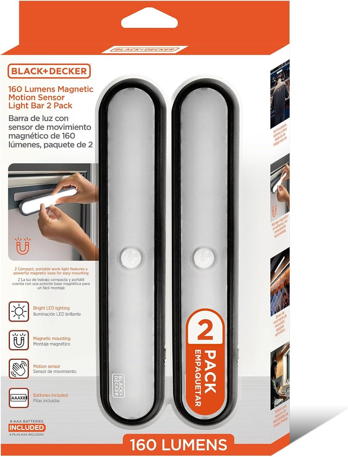 imageBLACKDECKER 2Pack 160LM LED Light Bars Touchless Motion Sensor Magnetic Mount Powered with AAA Batteries Slim and Portable Design to Brighten Indoor Rooms Closets Garages Shelving 2Pack2Pack