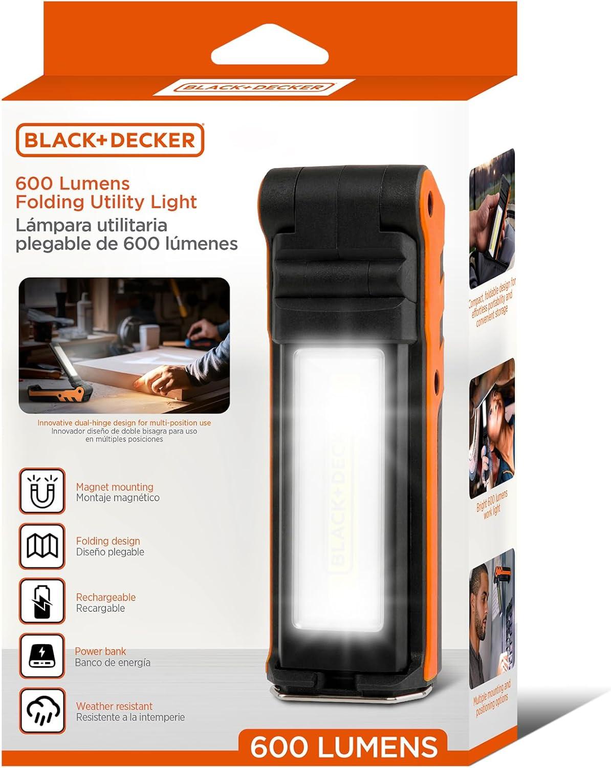 imageBLACKDECKER 600 Lumens Work Light  250 Lumens Flashlight ampamp Power Bank 32 Hour Rechargeable Utility LED Light 270 DualHinge IP44 WeatherResistant Dimmable SOS Mode Magnetic Mount ampamp Hanging