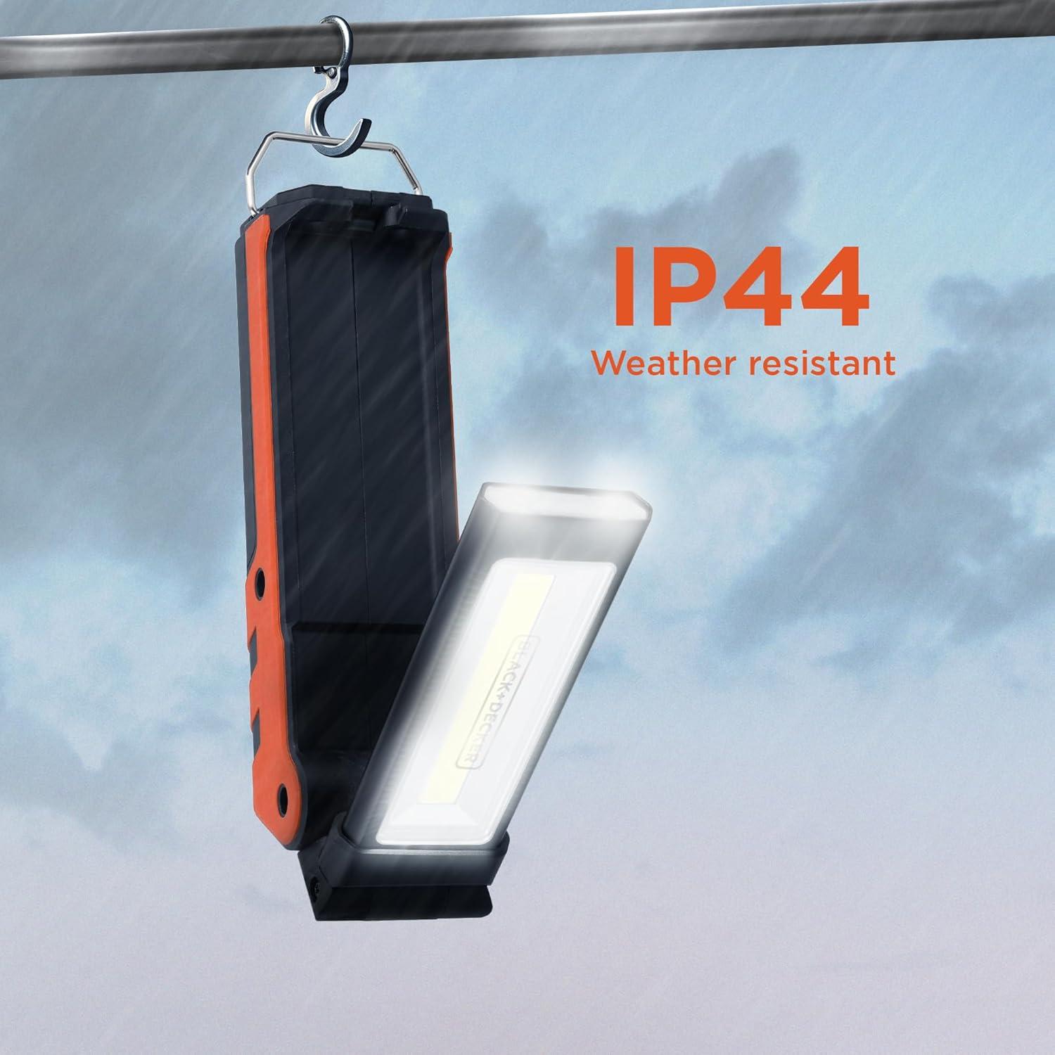 imageBLACKDECKER 600 Lumens Work Light  250 Lumens Flashlight ampamp Power Bank 32 Hour Rechargeable Utility LED Light 270 DualHinge IP44 WeatherResistant Dimmable SOS Mode Magnetic Mount ampamp Hanging