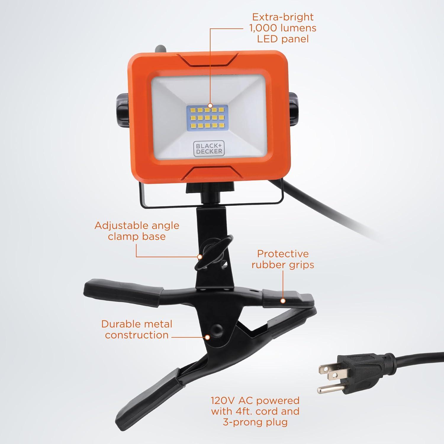 imageBLACKDECKER LED Clamp Work Light 1000 Lumens Indoor ampamp Outdoor IP65 Waterproof Clamp Utility Shop Light with Plug Clip on Shop Lamp Adjustable Arm 360 Rotating Clamp Tripod Compatible 4 Ft Cord