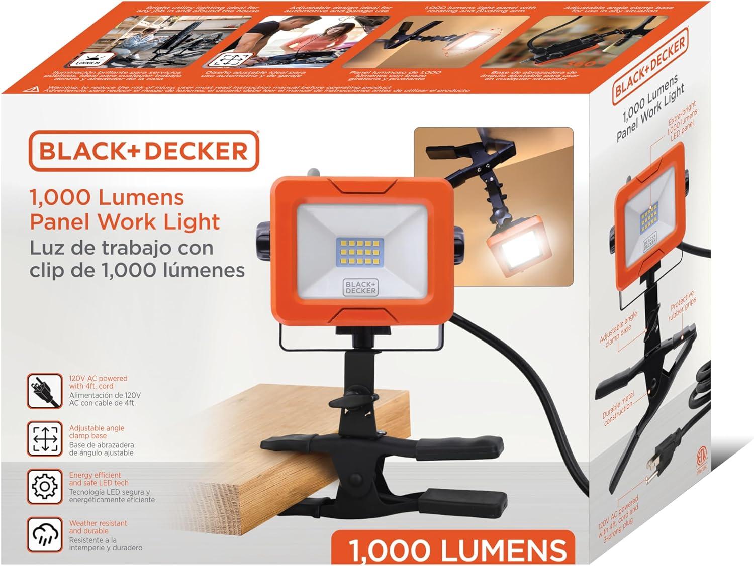 imageBLACKDECKER LED Clamp Work Light 1000 Lumens Indoor ampamp Outdoor IP65 Waterproof Clamp Utility Shop Light with Plug Clip on Shop Lamp Adjustable Arm 360 Rotating Clamp Tripod Compatible 4 Ft Cord