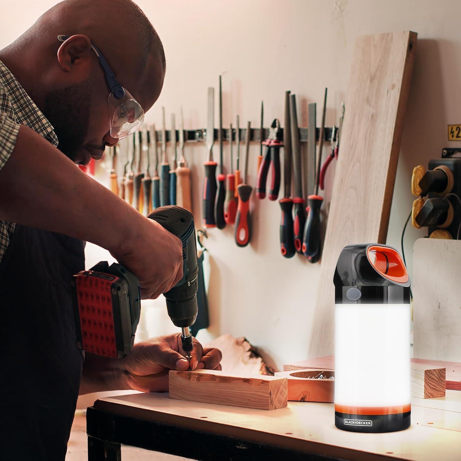 imageBLACKDECKER LED Lantern 300 Lumens 360 Flashlight for Camping with SOS Mode 12 Hours AA Battery Power Multiwhite Hook 5 Modes IP65 Waterproof Camping Essentials Tent Light Blackout Survival