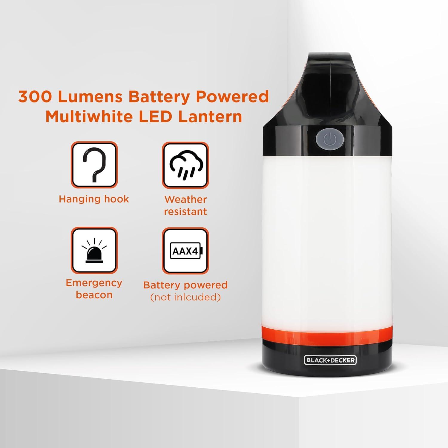 imageBLACKDECKER LED Lantern 300 Lumens 360 Flashlight for Camping with SOS Mode 12 Hours AA Battery Power Multiwhite Hook 5 Modes IP65 Waterproof Camping Essentials Tent Light Blackout Survival