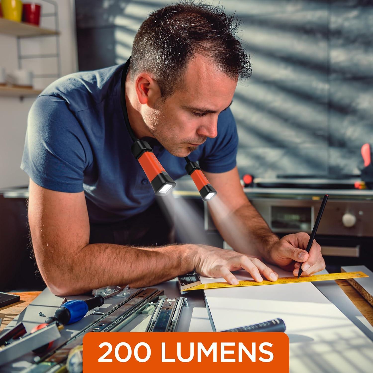 imageBLACKDECKER LED Neck Reading Light 200 Lumens Dual Flashlight HandsFree Lighting Flexible Gooseneck 3 Dimmable Modes SOS 3 Magnetic Mounts Wearable AA BatteryPowered IP65 WeatherResistant