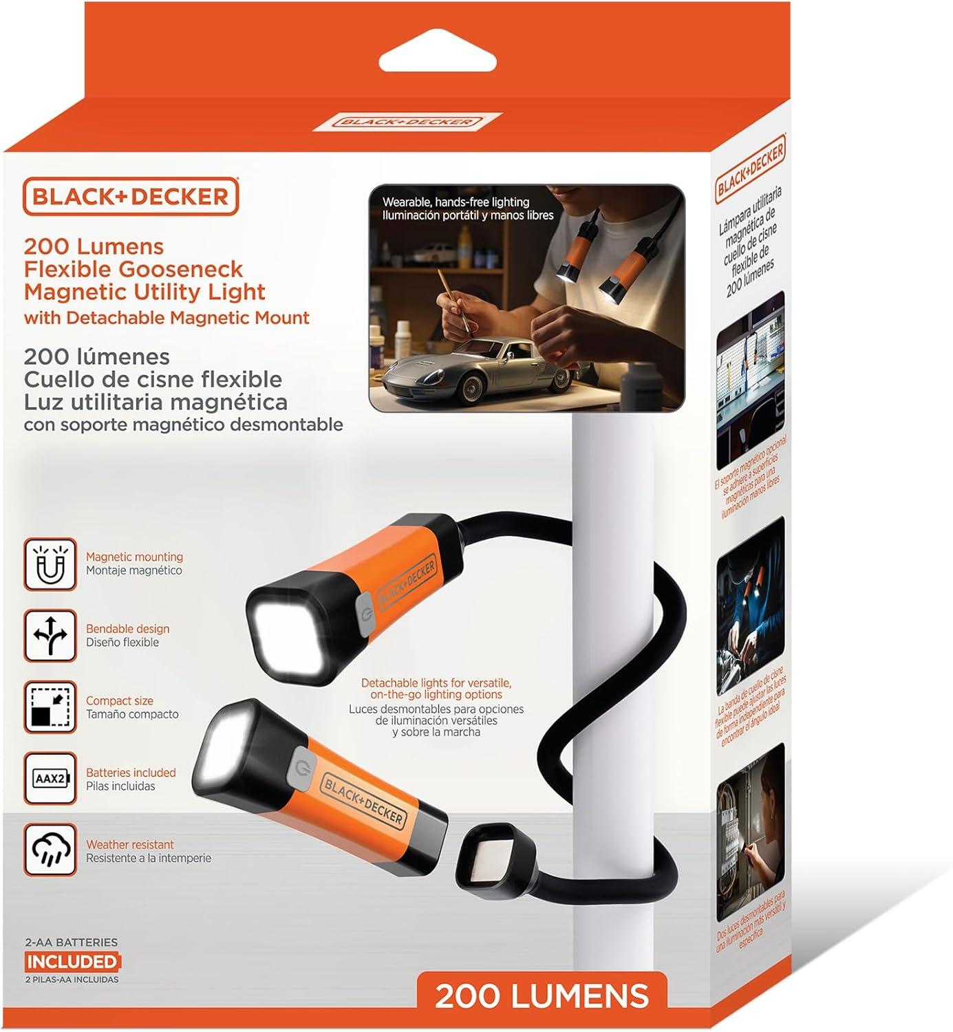 imageBLACKDECKER LED Neck Reading Light 200 Lumens Dual Flashlight HandsFree Lighting Flexible Gooseneck 3 Dimmable Modes SOS 3 Magnetic Mounts Wearable AA BatteryPowered IP65 WeatherResistant