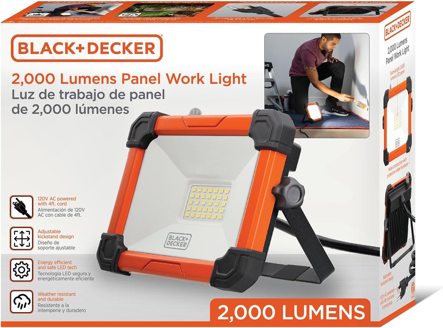 imageBLACKDECKER LED Work Light 2000 Lumens LED Utility Panel Flood Light IP65 Waterproof Shock Resistant 120 Beam Angle ETL Certified Adjustable Kickstand Tripod Compatible Portable 120V Plug