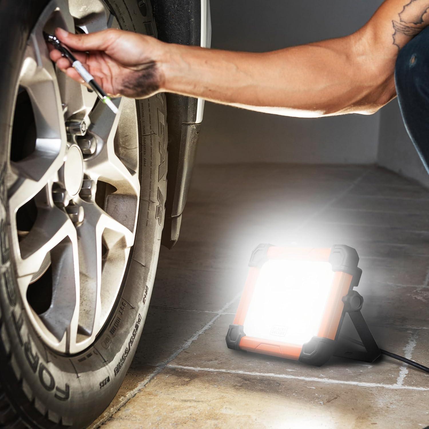 imageBLACKDECKER LED Work Light 2000 Lumens LED Utility Panel Flood Light IP65 Waterproof Shock Resistant 120 Beam Angle ETL Certified Adjustable Kickstand Tripod Compatible Portable 120V Plug