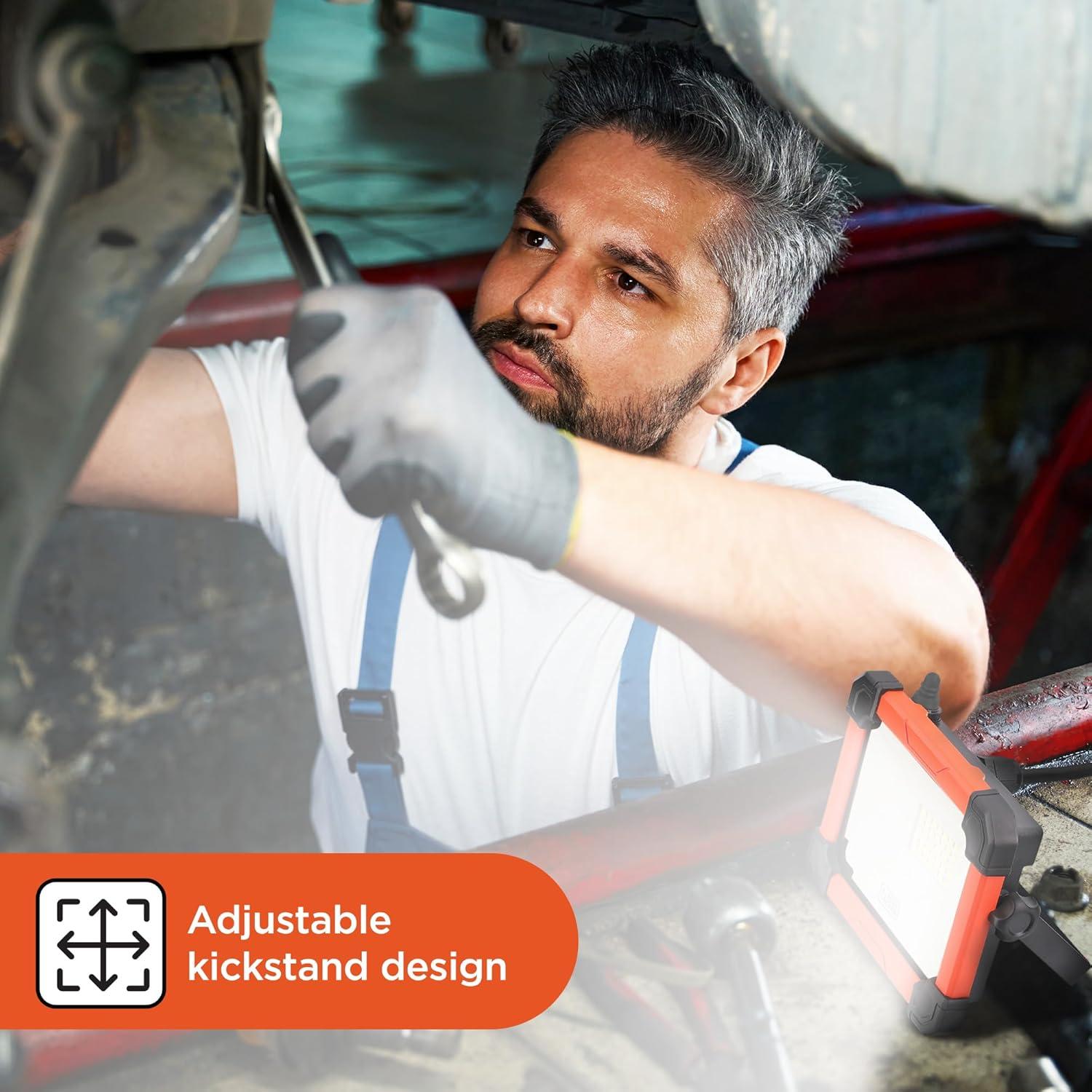 imageBLACKDECKER LED Work Light 2000 Lumens LED Utility Panel Flood Light IP65 Waterproof Shock Resistant 120 Beam Angle ETL Certified Adjustable Kickstand Tripod Compatible Portable 120V Plug