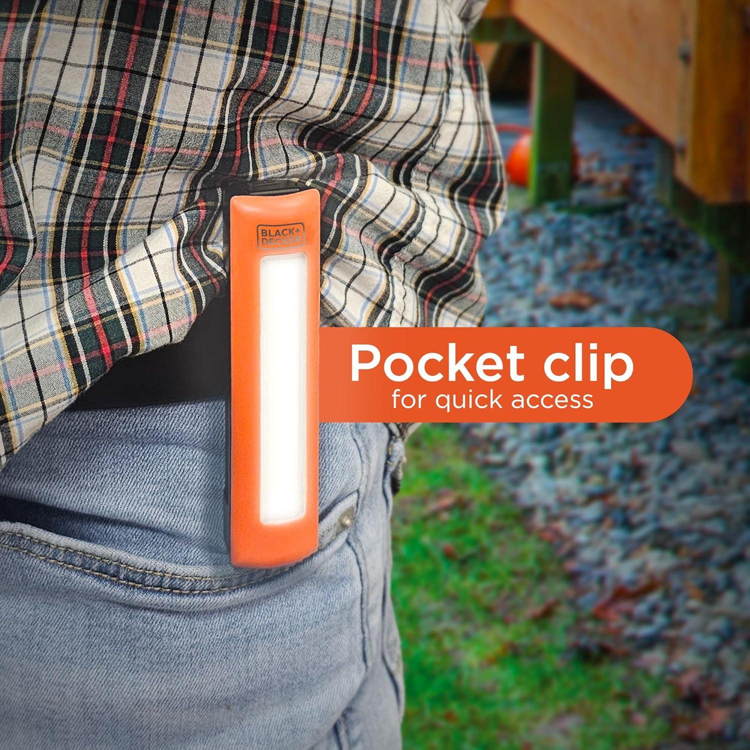 imageBLACKDECKER LED Work Light 300 Lumens AA BatteryPowered Utility Light 3 Brightness Levels ampamp SOS Mode 2 Magnet Mounts Pocket Clip Compact Lightweight ampamp Portable Weather Resistant 10 Hour PowerOne Pack