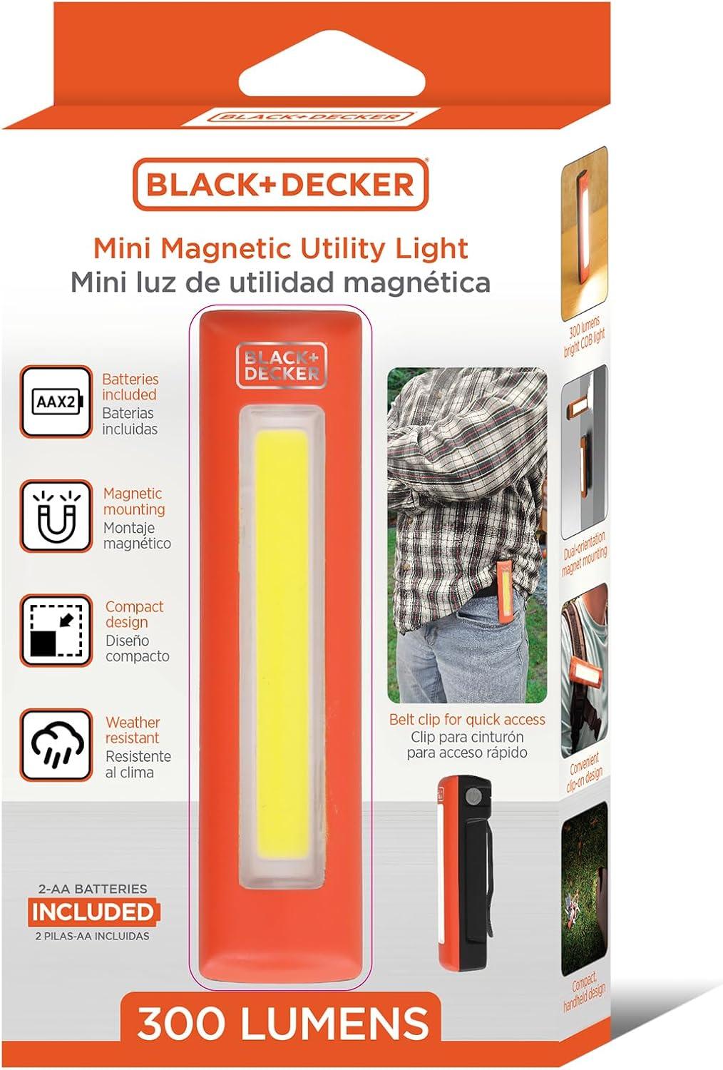 imageBLACKDECKER LED Work Light 300 Lumens AA BatteryPowered Utility Light 3 Brightness Levels ampamp SOS Mode 2 Magnet Mounts Pocket Clip Compact Lightweight ampamp Portable Weather Resistant 10 Hour PowerOne Pack