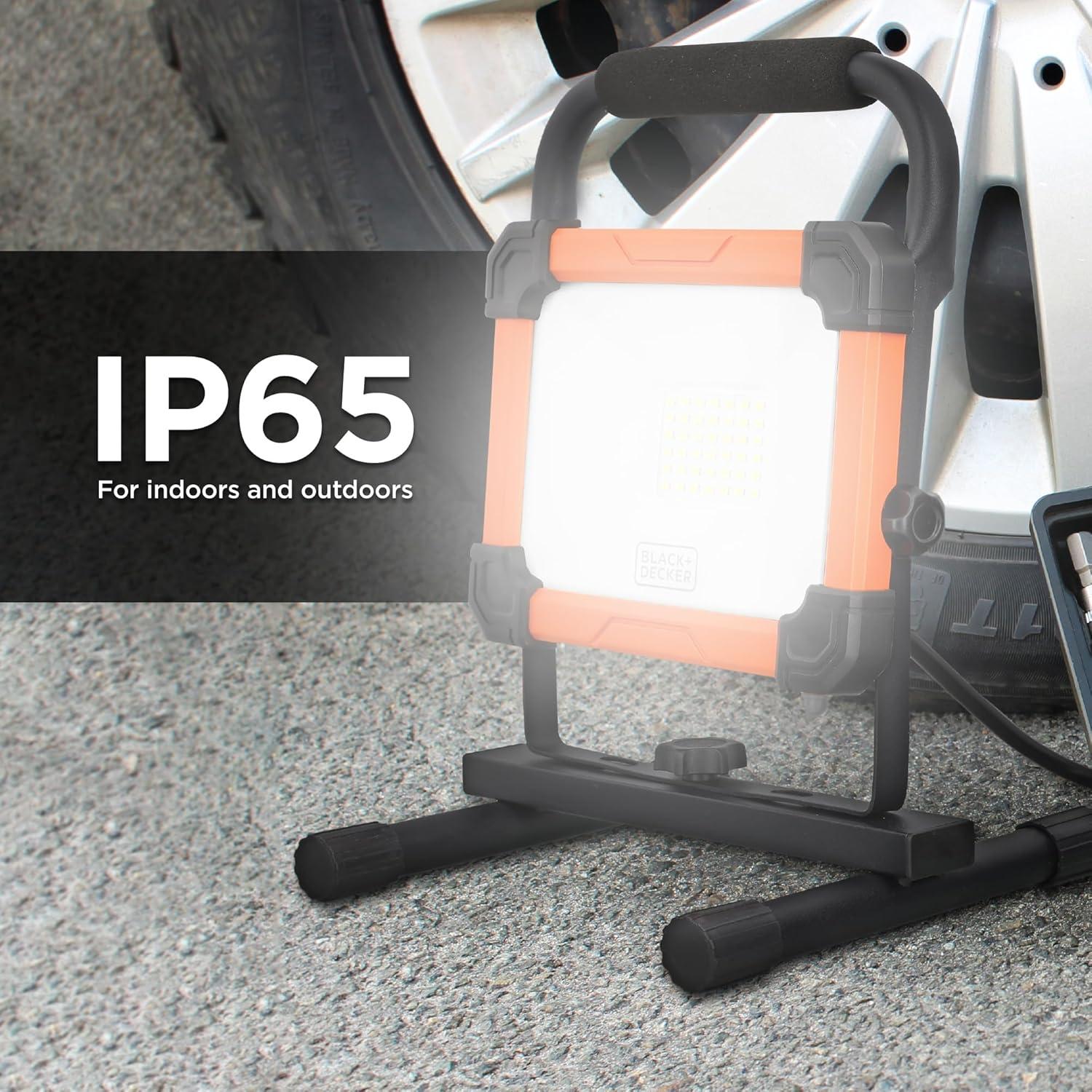 imageBLACKDECKER LED Work Light 3000 Lumens LED Panel Flood Light IP65 Waterproof Shock Resistant 120 Beam Angle ETL Certified Pivoting HStand Tripod Compatible Compact ampamp Portable 120V Plug