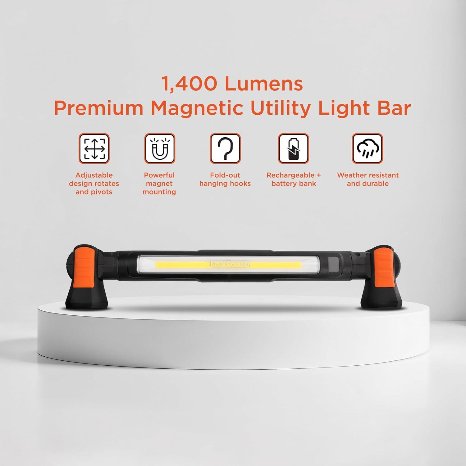 imageBLACKDECKER Magnetic LED Light Bar ampamp 2600mAh Power Bank Adjustable 1400 Lumens COB Utility Work Light 4 Modes 360 Rotation Dual Hooks IK07 ShockResistant IndoorOutdoor IP54 WeatherResistant