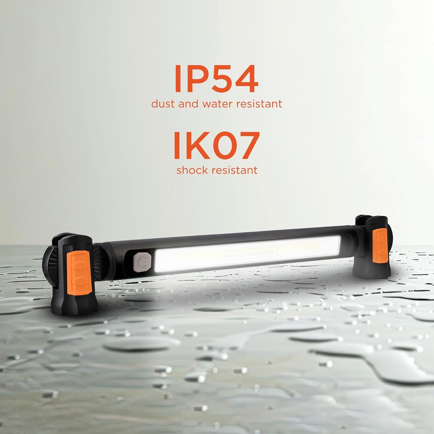 imageBLACKDECKER Magnetic LED Light Bar ampamp 2600mAh Power Bank Adjustable 1400 Lumens COB Utility Work Light 4 Modes 360 Rotation Dual Hooks IK07 ShockResistant IndoorOutdoor IP54 WeatherResistant