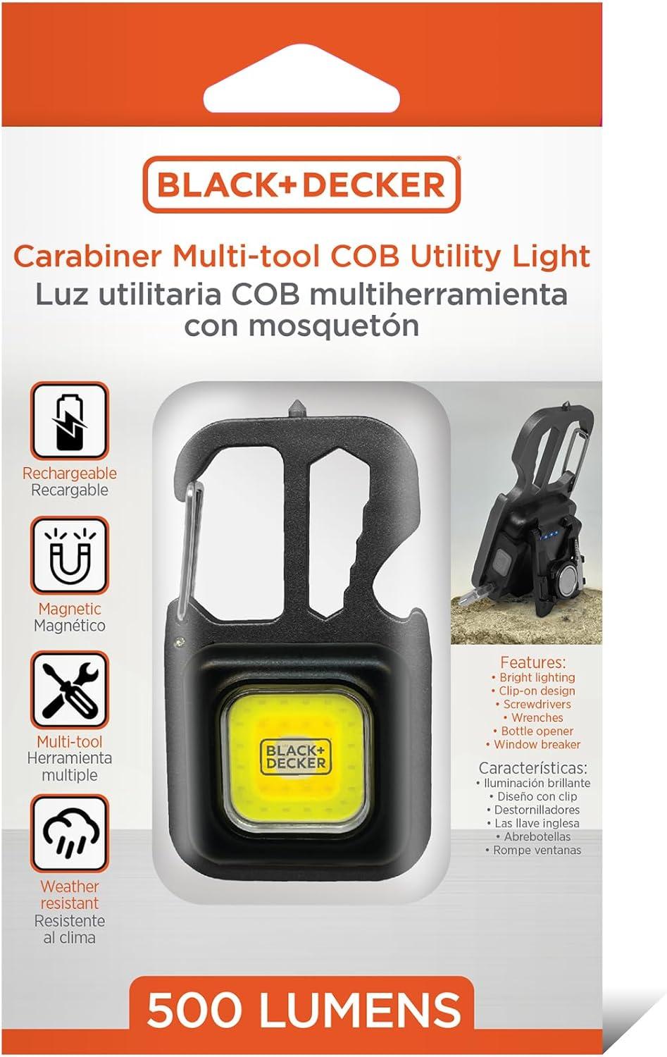imageBLACKDECKER MultiTool Flashlight 500LM Carabiner USB Rechargeable Multitool with Wrench Screwdrivers Bottle Opener Glass Breaker ClipOn Magnetic Stand IP44 WeatherResistant 7 Light ModesOne Pack