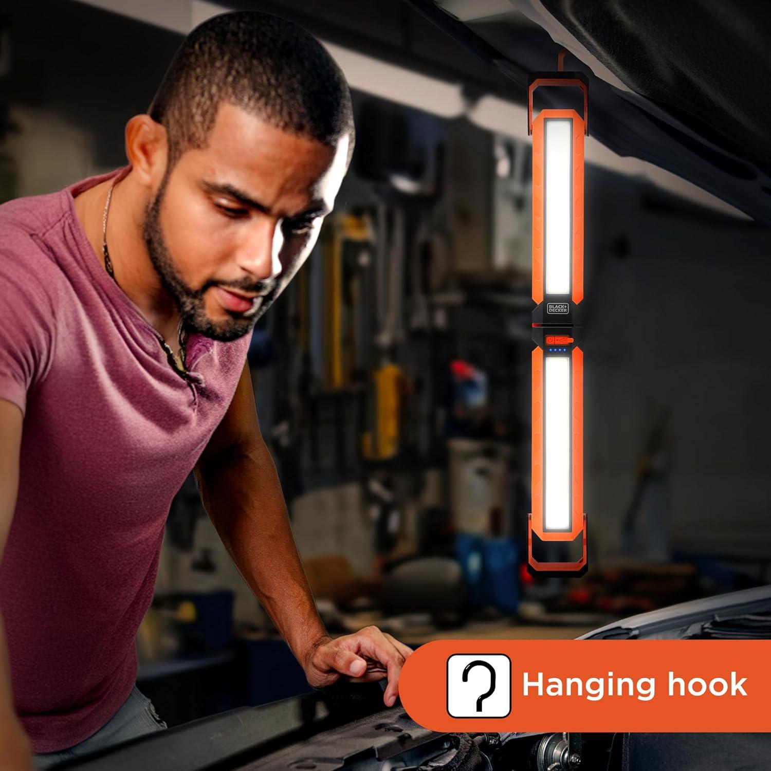 imageBLACKDECKER Rechargeable Hanging LED Light 1100 Lumens Foldable DoubleSided LED Work Light 5 Modes Tripod Hook ampamp Magnetic Mount IndoorOutdoor IP54 WeatherResistant COB Lighting Adjustable