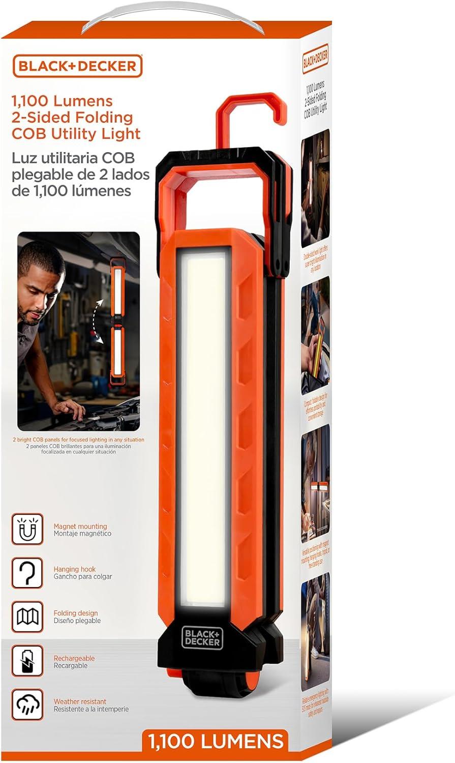 imageBLACKDECKER Rechargeable Hanging LED Light 1100 Lumens Foldable DoubleSided LED Work Light 5 Modes Tripod Hook ampamp Magnetic Mount IndoorOutdoor IP54 WeatherResistant COB Lighting Adjustable