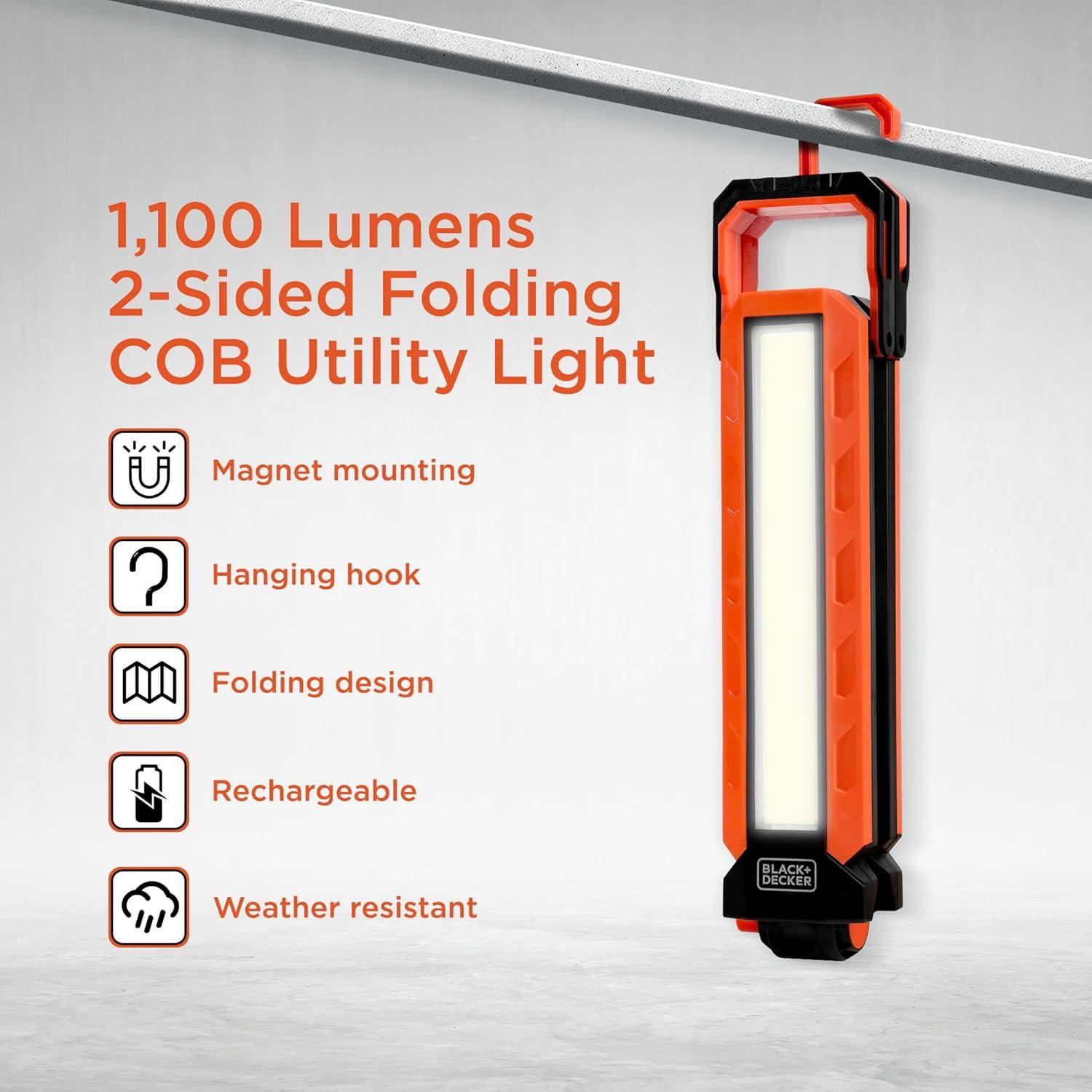 imageBLACKDECKER Rechargeable Hanging LED Light 1100 Lumens Foldable DoubleSided LED Work Light 5 Modes Tripod Hook ampamp Magnetic Mount IndoorOutdoor IP54 WeatherResistant COB Lighting Adjustable