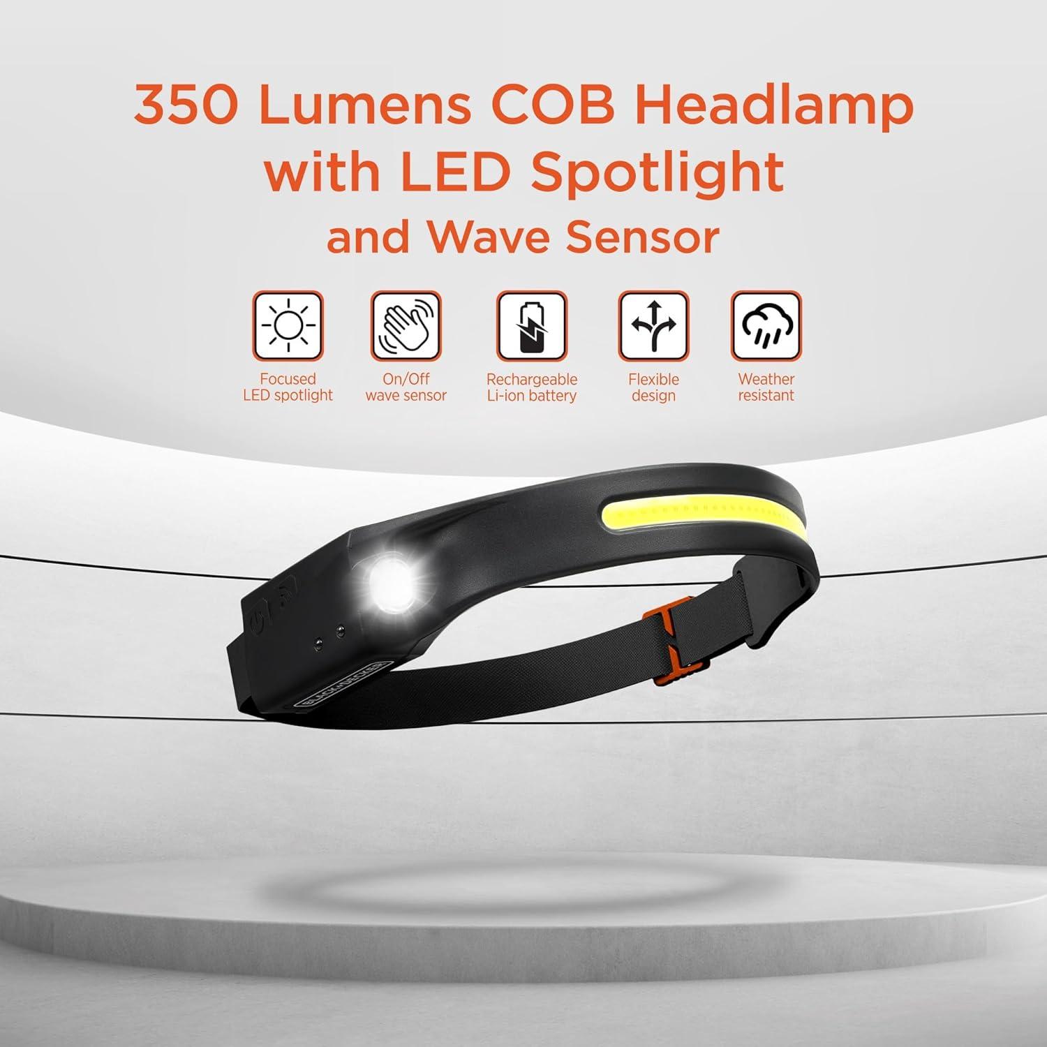 imageBLACKDECKER Rechargeable Headlamp with Flashlight ampamp Wave Sensor 350 Lumens LED 230 Wide Beam Head Light IP65 Waterproof 4 Brightness Settings ampamp SOS Mode Fits Over Helmets Head Lamp for CampingTwo Pack