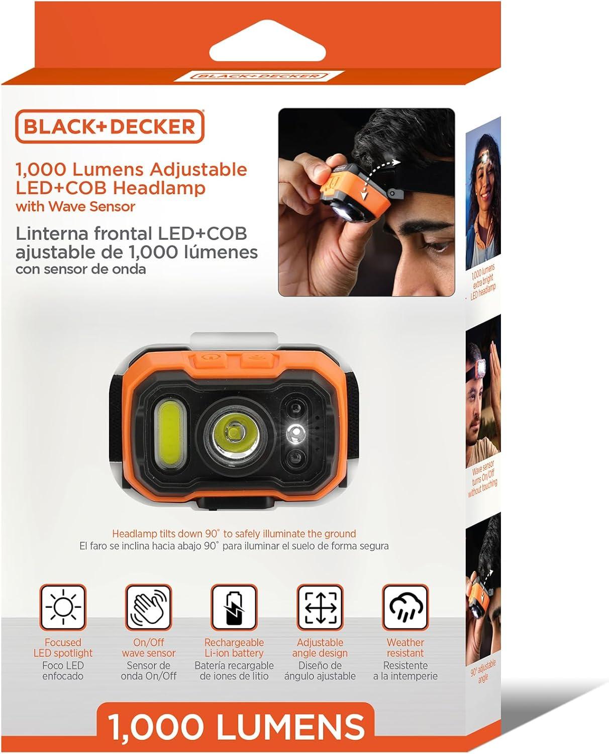 imageBLACKDECKER Rechargeable Headlamp with Wave Sensor Ultra Bright 1000 Lumens LED Head Light Adjustable 90 Tilt 7 Lighting Modes IP65 Waterproof Fits Over Helmet 14 Hour Head Lamp for CampingOne Pack