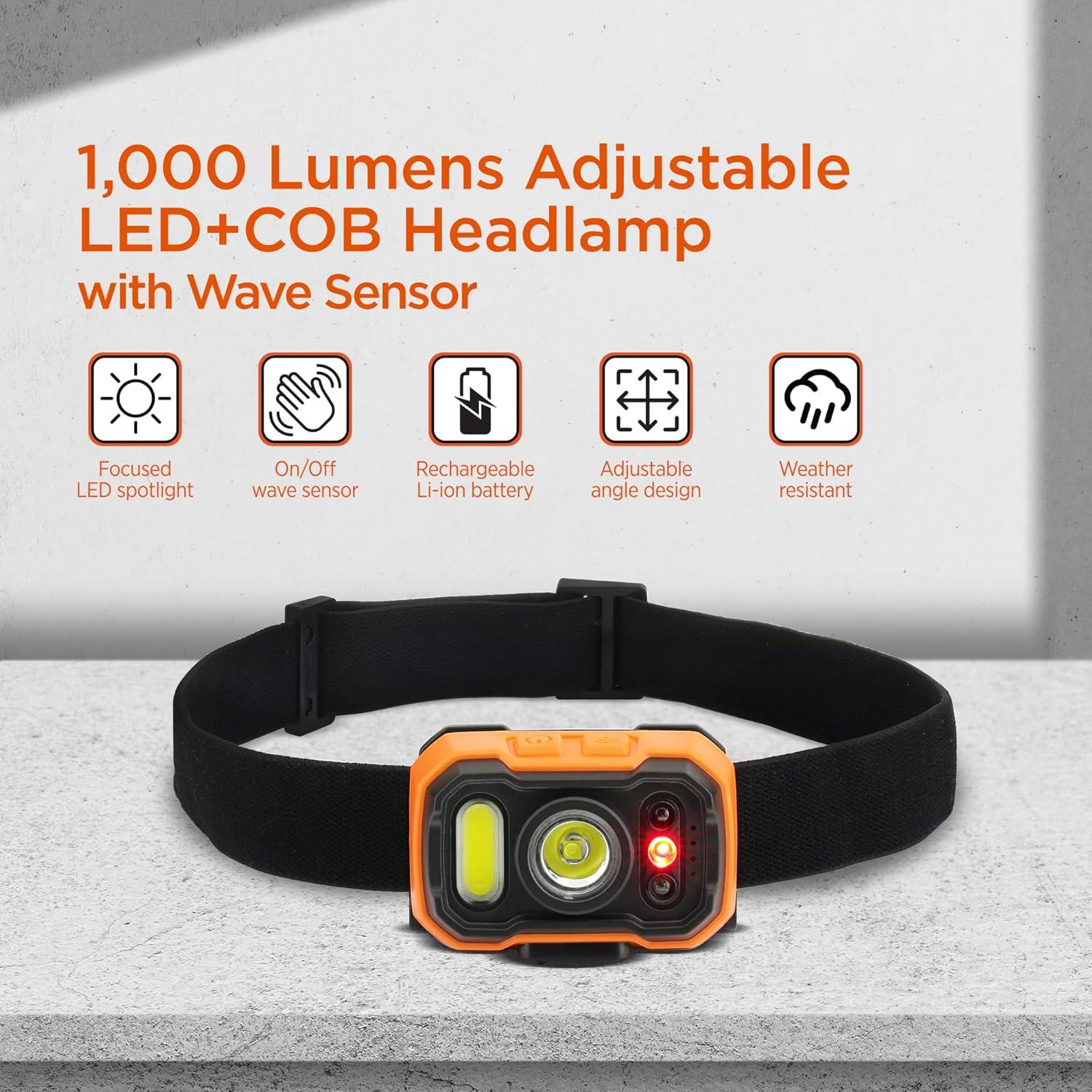 imageBLACKDECKER Rechargeable Headlamp with Wave Sensor Ultra Bright 1000 Lumens LED Head Light Adjustable 90 Tilt 7 Lighting Modes IP65 Waterproof Fits Over Helmet 14 Hour Head Lamp for CampingOne Pack