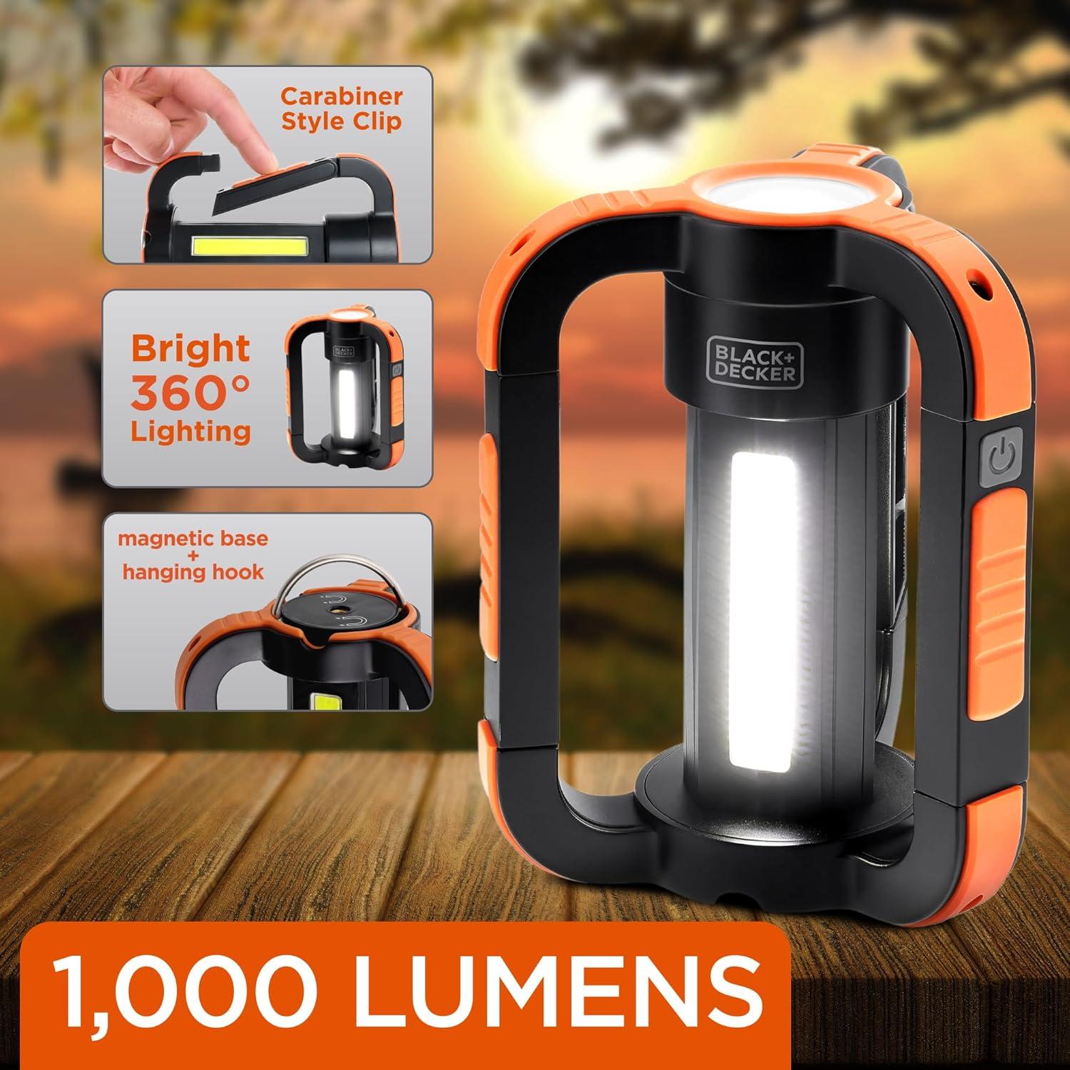 imageBLACKDECKER Rechargeable LED Flashlight ampamp 360 Lantern 1000LM IP65 Waterproof Light 8 Modes Emergency SOS Mode USBA Power Bank 18 Hour Light Carabiner Clip Magnetic for Blackouts ampamp Camping