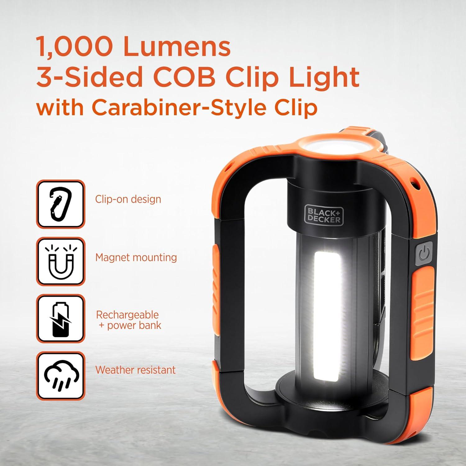 imageBLACKDECKER Rechargeable LED Flashlight ampamp 360 Lantern 1000LM IP65 Waterproof Light 8 Modes Emergency SOS Mode USBA Power Bank 18 Hour Light Carabiner Clip Magnetic for Blackouts ampamp Camping