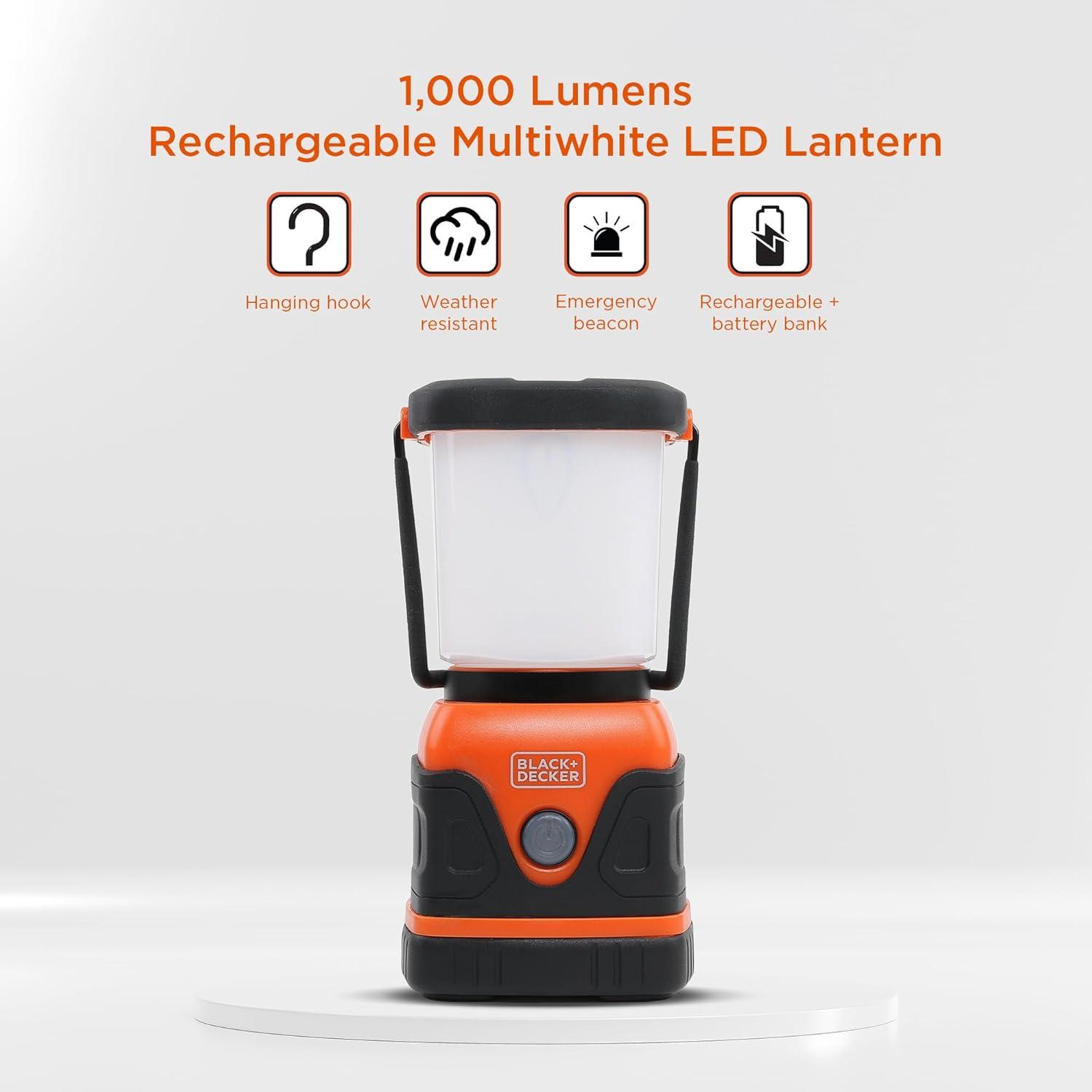 imageBLACKDECKER Rechargeable LED Lantern ampamp 400mAh Power Bank 2Pack 1000 Lumens 360 Flashlight for Camping ampamp Power Outage with SOS Mode 12 Hour Power Multiwhite 7 Modes IP44 WeatherResistant HookOne Pack