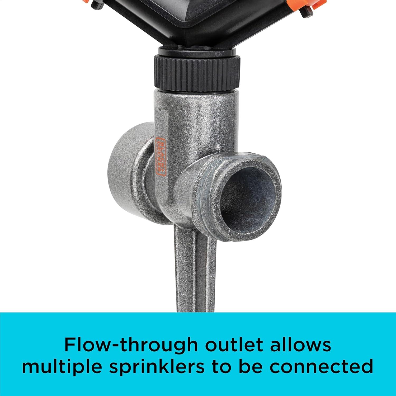 imageBlack  Decker 2Arm Spinning Sprinkler with Zinc Spike  Compact Adjustable Secure Placement 1905 sq ft Lawn Coverage BD59412