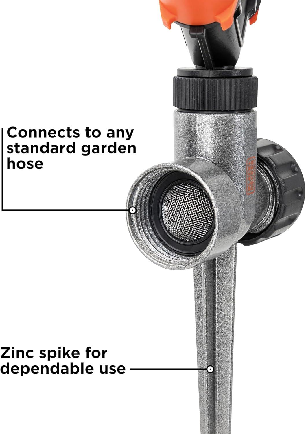 imageBlack  Decker 2Arm Spinning Sprinkler with Zinc Spike  Compact Adjustable Secure Placement 1905 sq ft Lawn Coverage BD59412