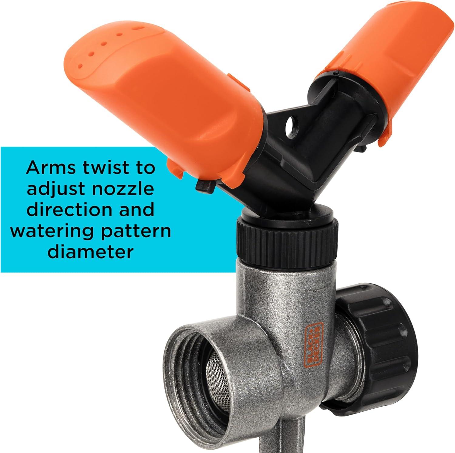 imageBlack  Decker 2Arm Spinning Sprinkler with Zinc Spike  Compact Adjustable Secure Placement 1905 sq ft Lawn Coverage BD59412