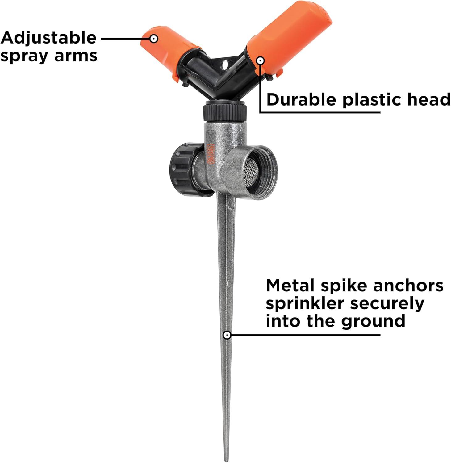 imageBlack  Decker 2Arm Spinning Sprinkler with Zinc Spike  Compact Adjustable Secure Placement 1905 sq ft Lawn Coverage BD59412