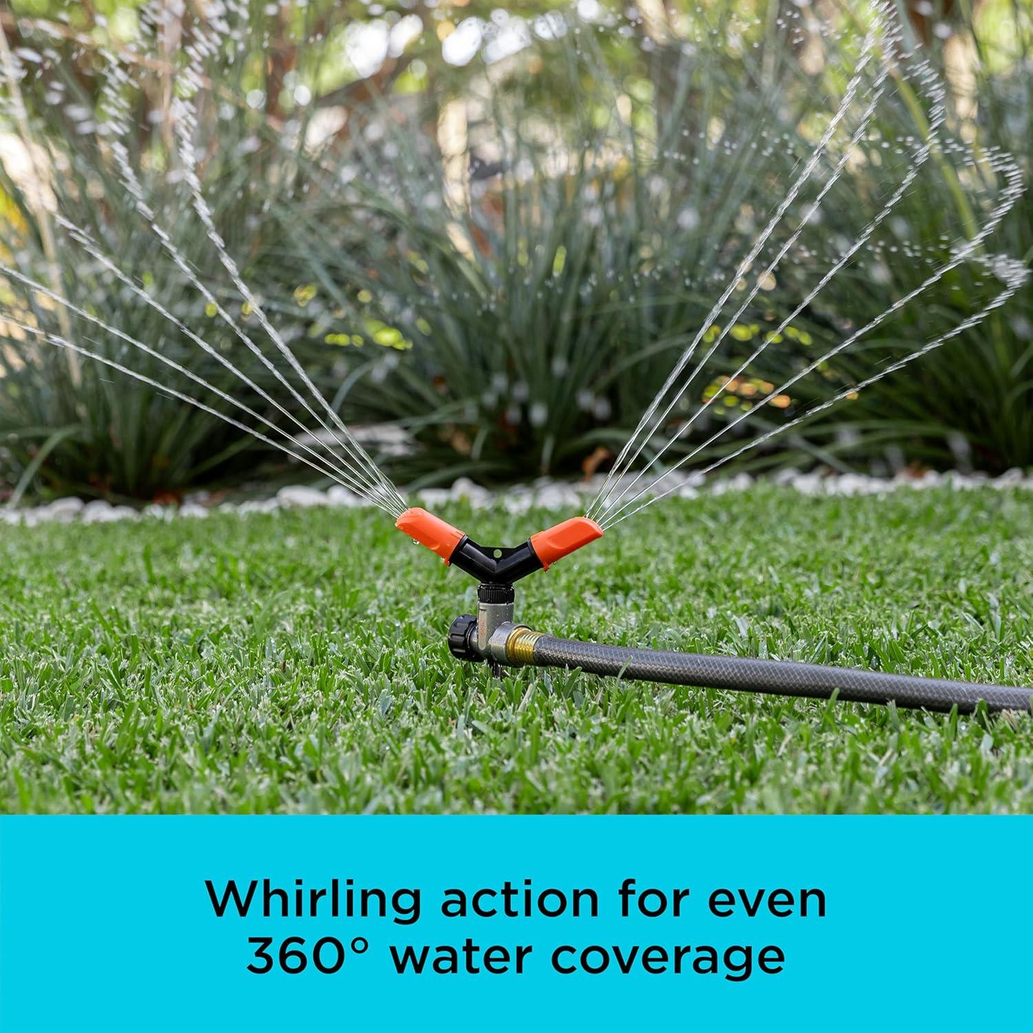 imageBlack  Decker 2Arm Spinning Sprinkler with Zinc Spike  Compact Adjustable Secure Placement 1905 sq ft Lawn Coverage BD59412