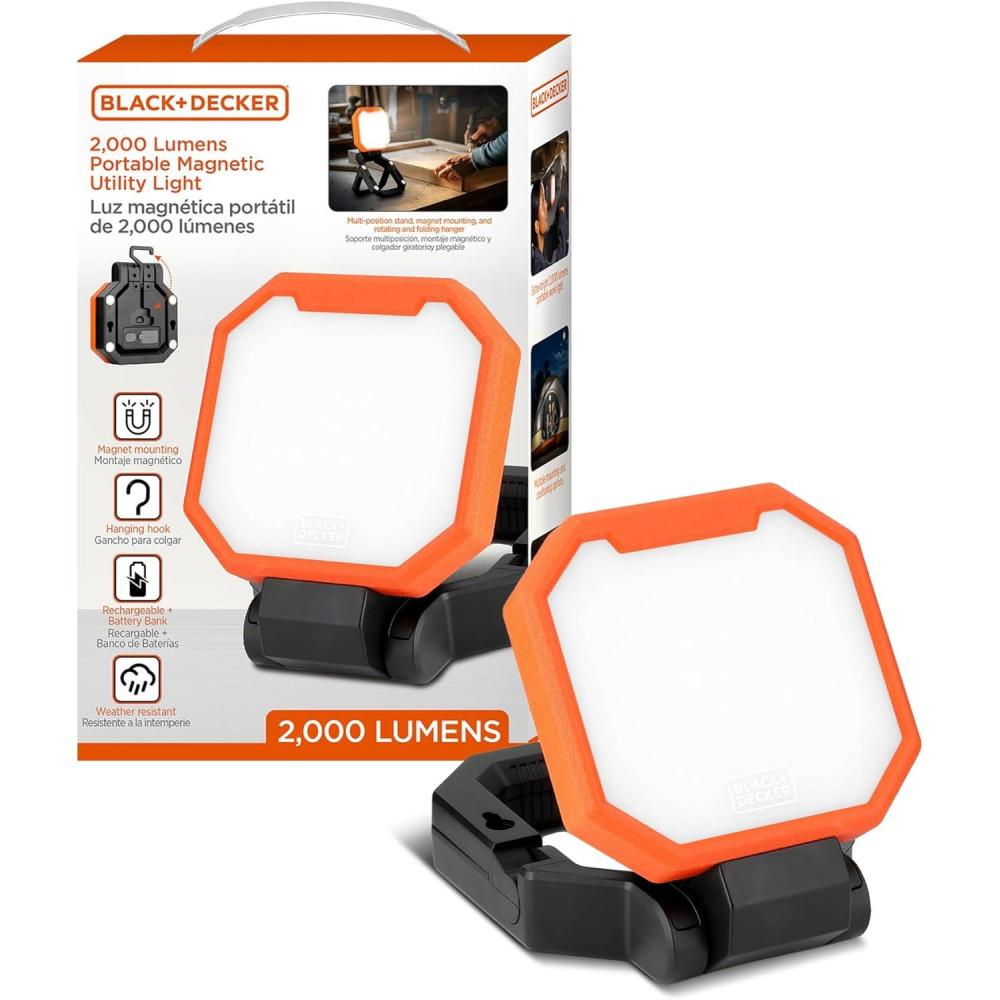 imageBLACKDECKER 2000LM Portable LED Utility Light 3 Brightness Levels Emergency Flash Magnetic Design with Folding Stand USB Rechargeable Power Bank IP65 WeatherResistant for Camping Work DIY