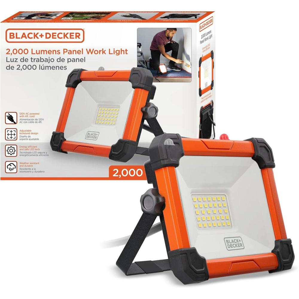 imageBLACKDECKER LED Work Light 2000 Lumens LED Utility Panel Flood Light IP65 Waterproof Shock Resistant 120 Beam Angle ETL Certified Adjustable Kickstand Tripod Compatible Portable 120V Plug