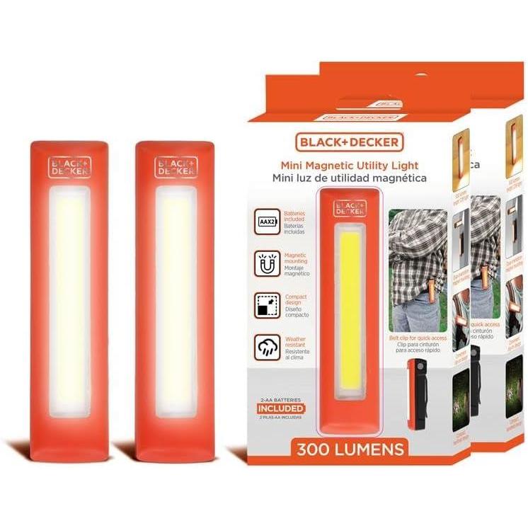 imageBLACKDECKER LED Work Light 300 Lumens AA BatteryPowered Utility Light 3 Brightness Levels ampamp SOS Mode 2 Magnet Mounts Pocket Clip Compact Lightweight ampamp Portable Weather Resistant 10 Hour PowerTwo Pack