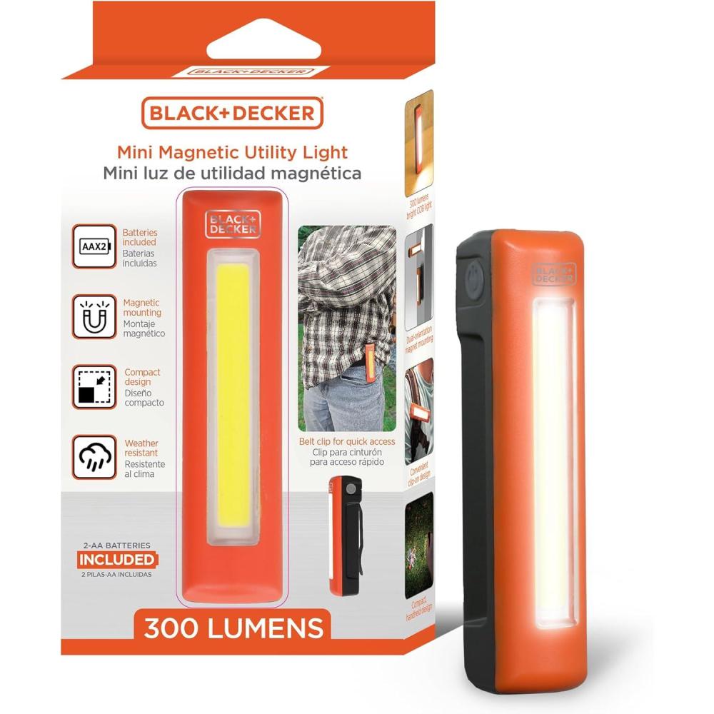 imageBLACKDECKER LED Work Light 300 Lumens AA BatteryPowered Utility Light 3 Brightness Levels ampamp SOS Mode 2 Magnet Mounts Pocket Clip Compact Lightweight ampamp Portable Weather Resistant 10 Hour PowerOne Pack