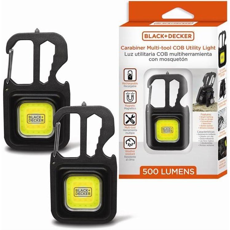 imageBLACKDECKER MultiTool Flashlight 500LM Carabiner USB Rechargeable Multitool with Wrench Screwdrivers Bottle Opener Glass Breaker ClipOn Magnetic Stand IP44 WeatherResistant 7 Light ModesTwo Pack