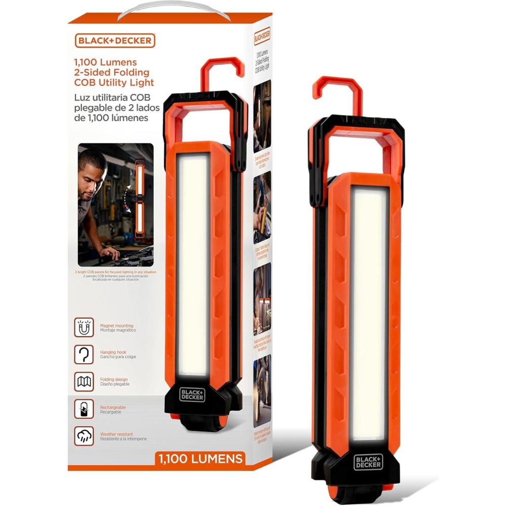 imageBLACKDECKER Rechargeable Hanging LED Light 1100 Lumens Foldable DoubleSided LED Work Light 5 Modes Tripod Hook ampamp Magnetic Mount IndoorOutdoor IP54 WeatherResistant COB Lighting Adjustable