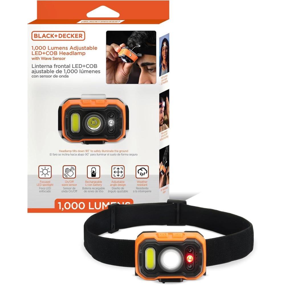 imageBLACKDECKER Rechargeable Headlamp with Wave Sensor Ultra Bright 1000 Lumens LED Head Light Adjustable 90 Tilt 7 Lighting Modes IP65 Waterproof Fits Over Helmet 14 Hour Head Lamp for CampingOne Pack