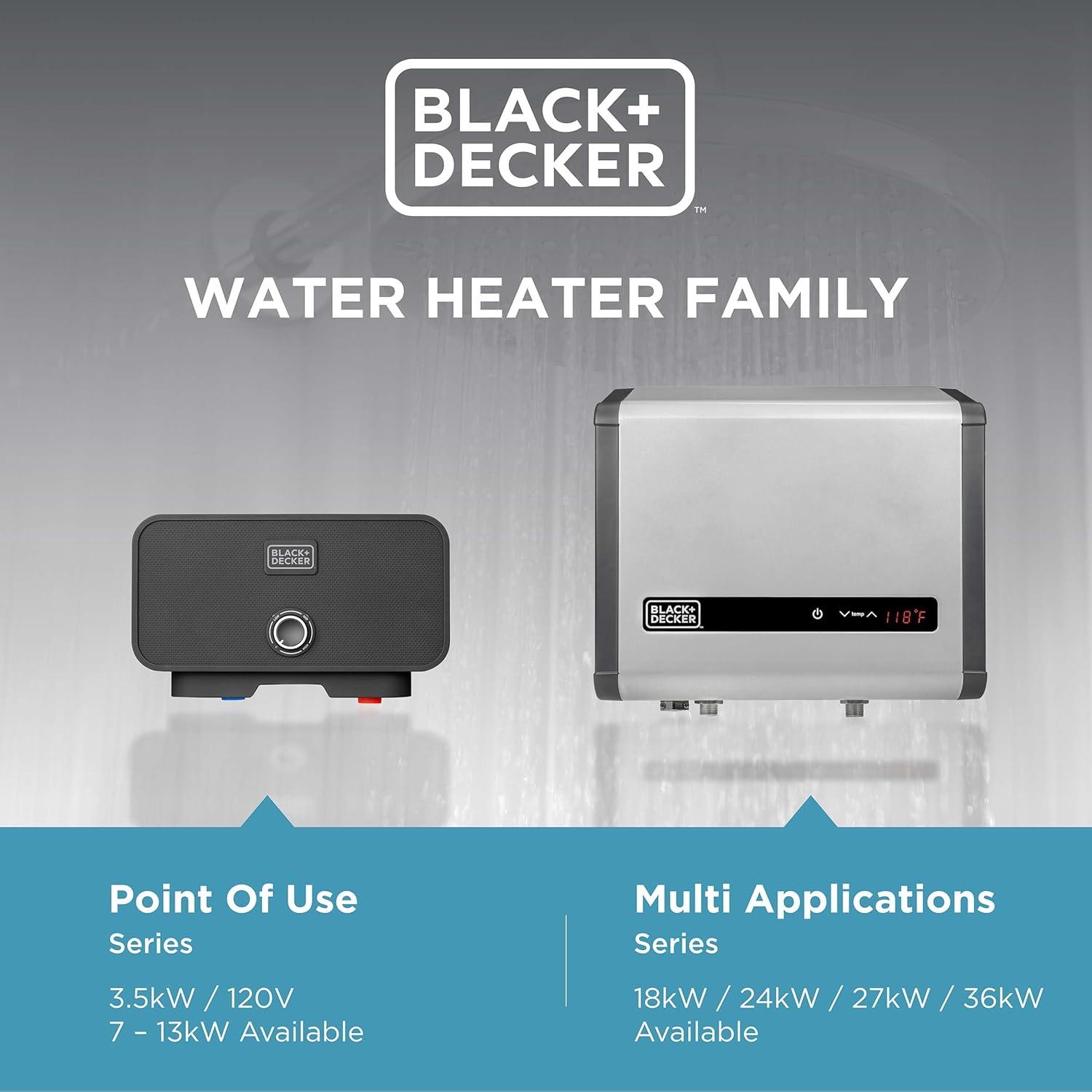 imageBLACKDECKER 11kW 240 Volt 235GPM Tankless Electric Water Heater SelfModulating Point of Use Unit for up to 2 simultaneous applications Hot Water on Demand Digital Temperature Display24 kW