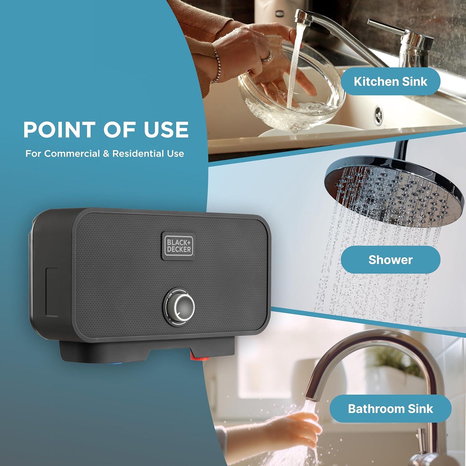 imageBLACKDECKER 11kW 240 Volt 235GPM Tankless Electric Water Heater SelfModulating Point of Use Unit for up to 2 simultaneous applications Hot Water on Demand Digital Temperature Display7 KW