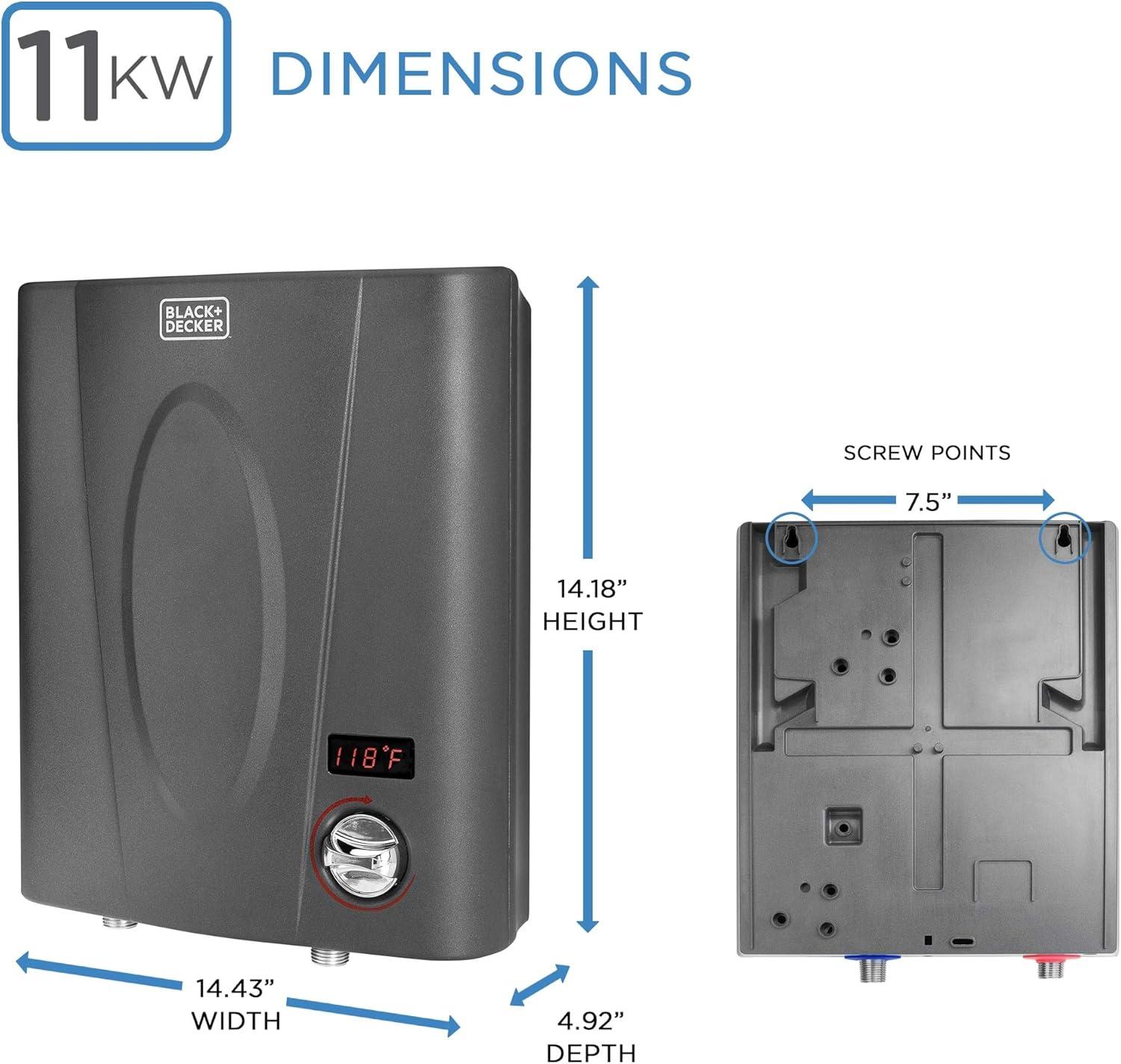 imageBLACKDECKER 11kW 240 Volt 235GPM Tankless Electric Water Heater SelfModulating Point of Use Unit for up to 2 simultaneous applications Hot Water on Demand Digital Temperature Display11 KW