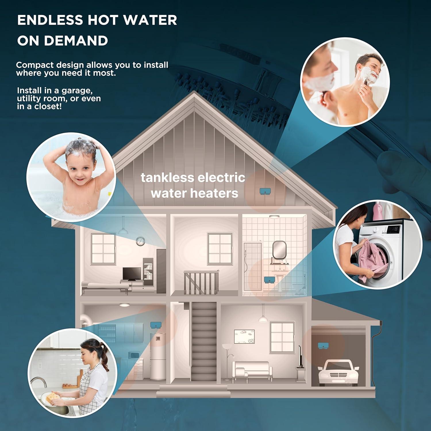 imageBLACKDECKER 11kW 240 Volt 235GPM Tankless Electric Water Heater SelfModulating Point of Use Unit for up to 2 simultaneous applications Hot Water on Demand Digital Temperature Display7 KW