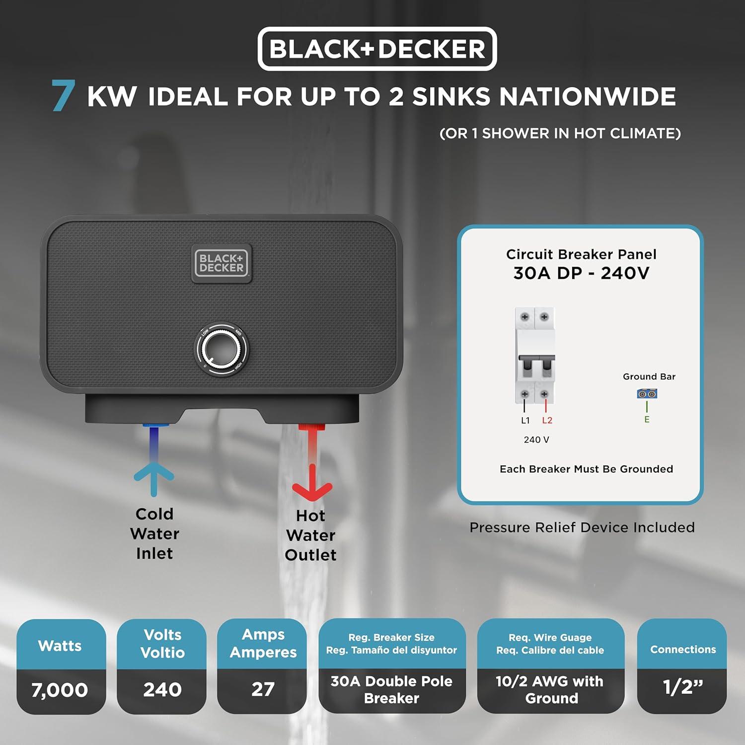 imageBLACKDECKER 11kW 240 Volt 235GPM Tankless Electric Water Heater SelfModulating Point of Use Unit for up to 2 simultaneous applications Hot Water on Demand Digital Temperature Display7 KW