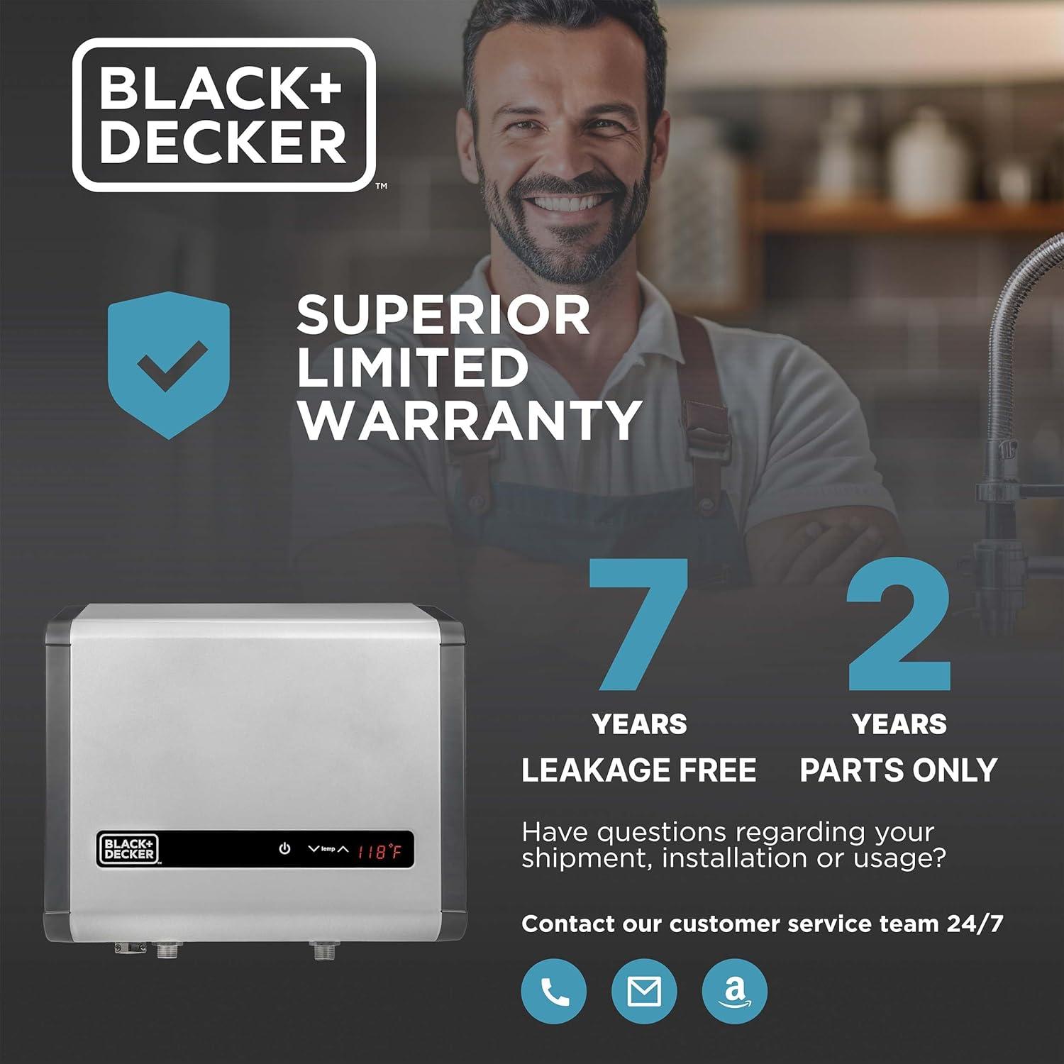 imageBLACKDECKER 11kW 240 Volt 235GPM Tankless Electric Water Heater SelfModulating Point of Use Unit for up to 2 simultaneous applications Hot Water on Demand Digital Temperature Display24 kW