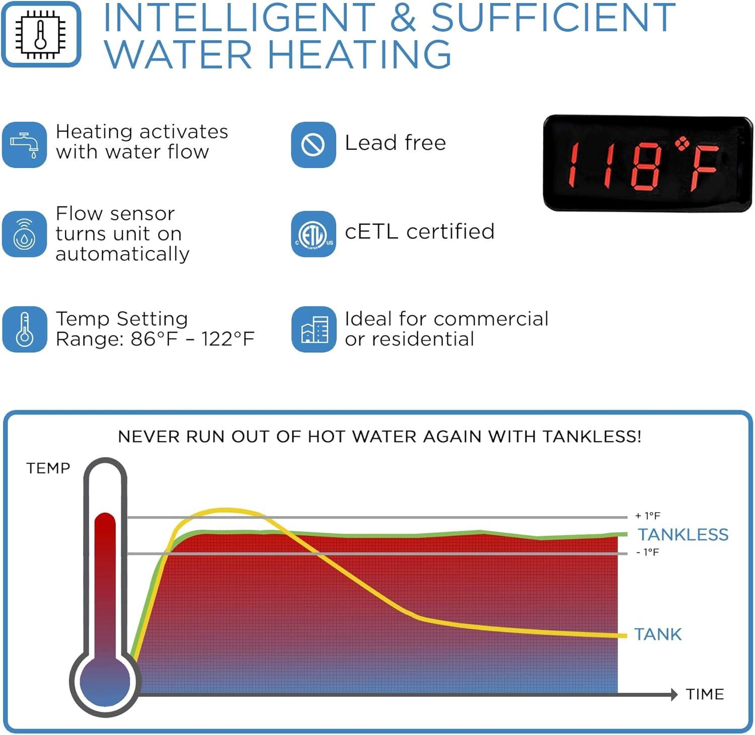 imageBLACKDECKER 11kW 240 Volt 235GPM Tankless Electric Water Heater SelfModulating Point of Use Unit for up to 2 simultaneous applications Hot Water on Demand Digital Temperature Display11 KW