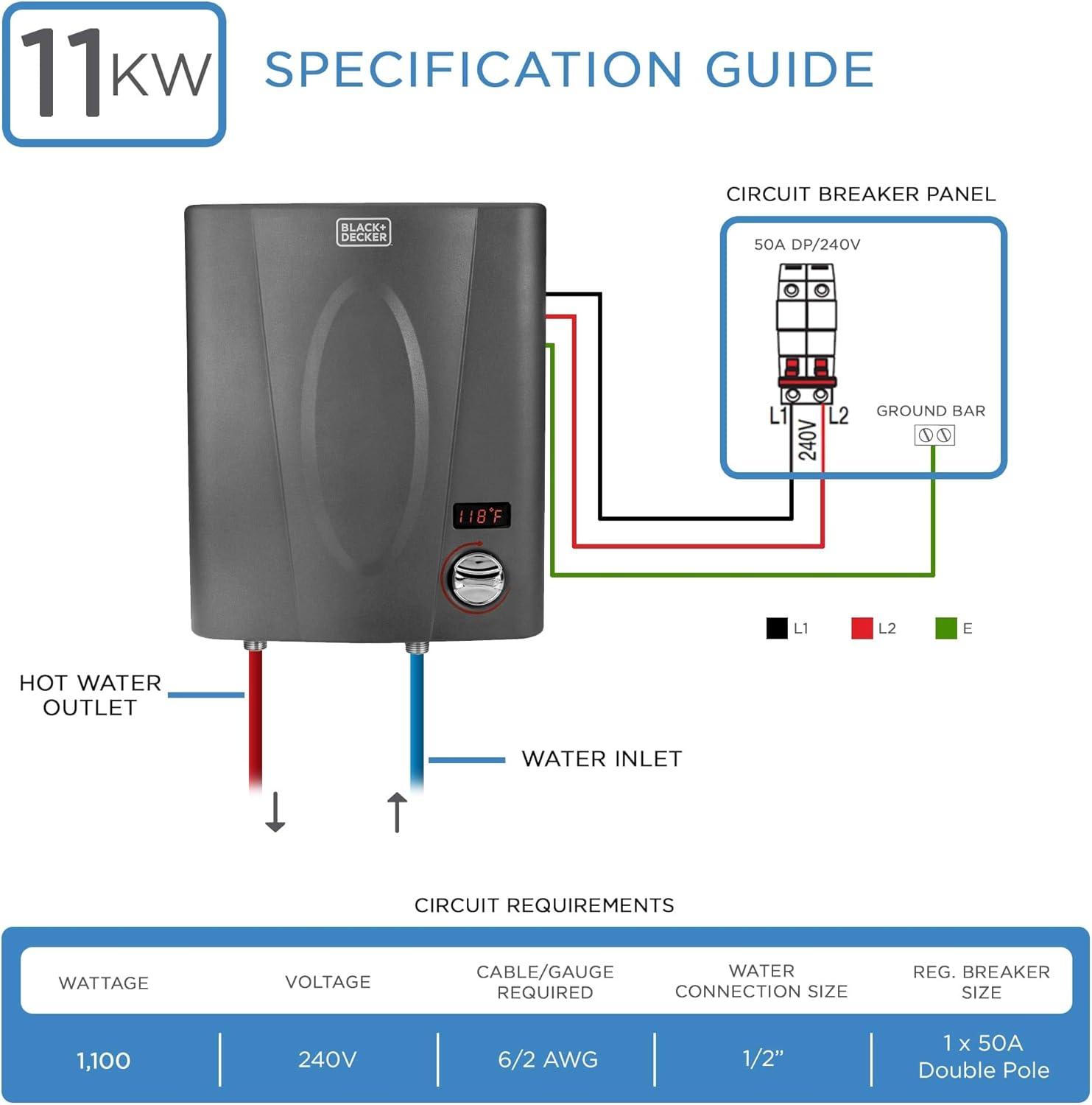imageBLACKDECKER 11kW 240 Volt 235GPM Tankless Electric Water Heater SelfModulating Point of Use Unit for up to 2 simultaneous applications Hot Water on Demand Digital Temperature Display11 KW