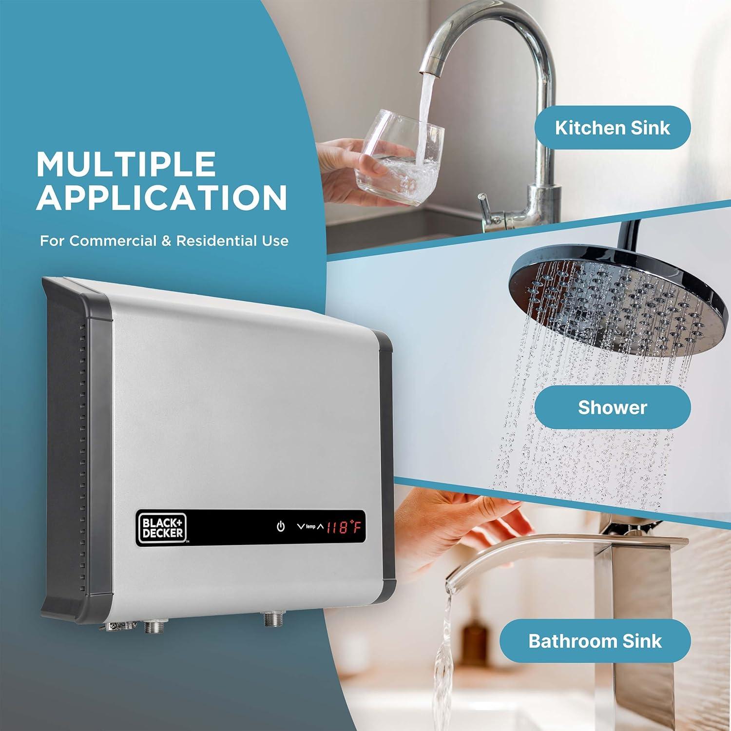 imageBLACKDECKER 11kW 240 Volt 235GPM Tankless Electric Water Heater SelfModulating Point of Use Unit for up to 2 simultaneous applications Hot Water on Demand Digital Temperature Display27 kW