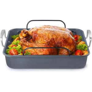 image:imageBLACKDECKER Large Turkey Roasting Pan with Rack 08mm Carbon Steel Baking Pan with Ceramic NonStick Coating Cooking Pan for up to 24 lb Turkey UShaped Rack Included Stainless Steel Handles